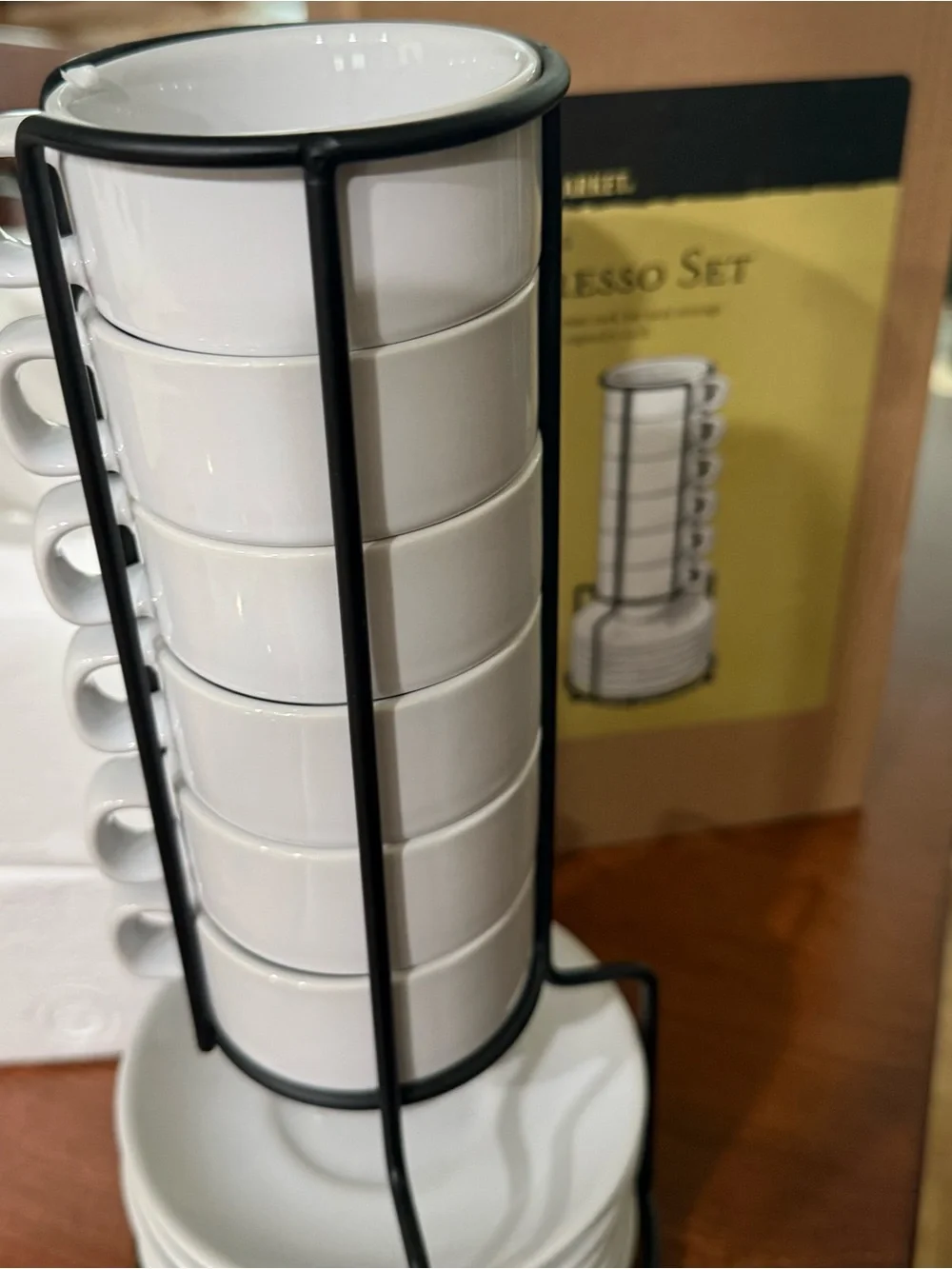 In Box World Market Espresso 6 Mug and 6 Saucer Set Chrome Stackable Rack